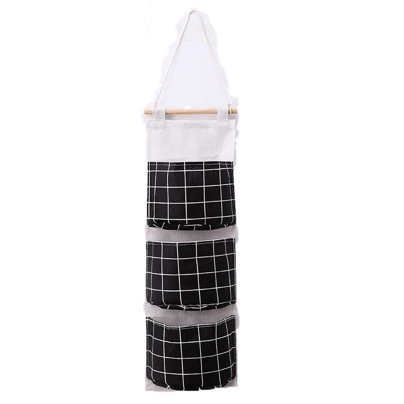 Grid Pattern Cotton Linen Three-Pocket Hanging Storage Bag