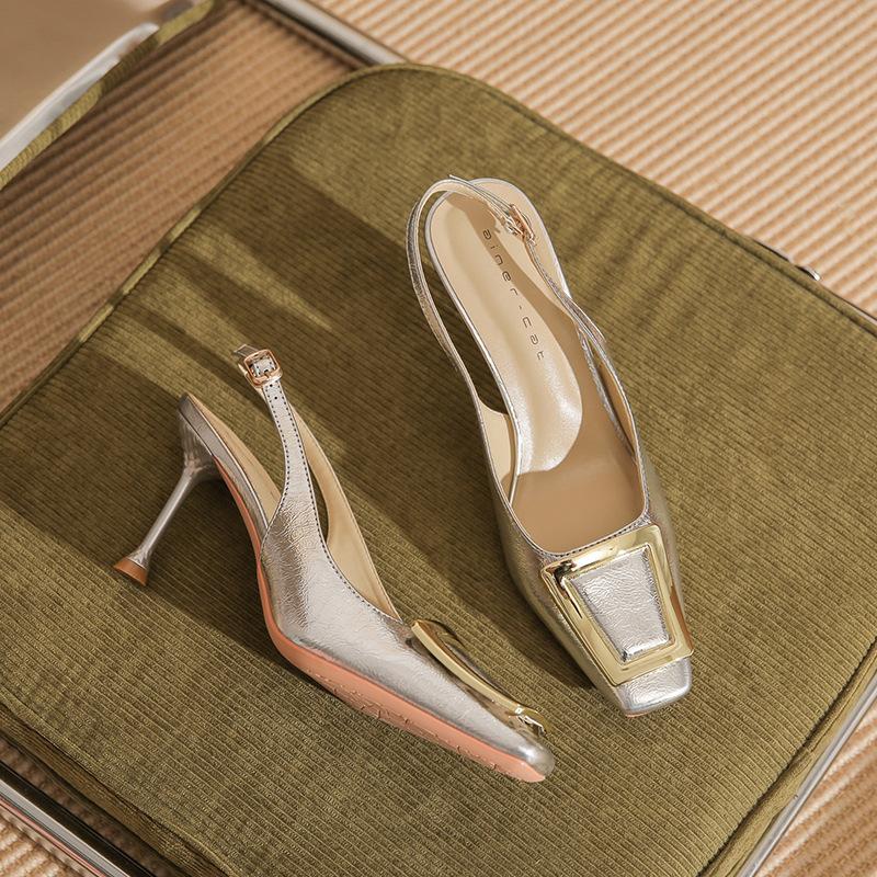 79901 [овчина] квадратный носок высокий каблук женские тонкие каблуки 2025 лето новая сумка носок слово с квадратной пряжкой сандалии