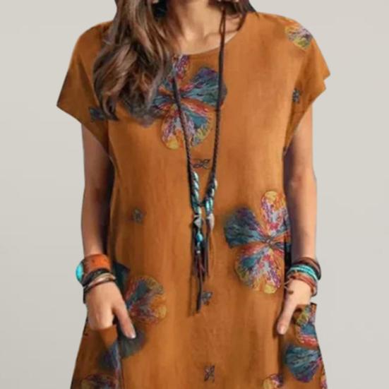 Женское летнее платье с круглым вырезом и короткими рукавами, ретро-принт с карманами, свободное тонкое платье, повседневная повседневная одежда