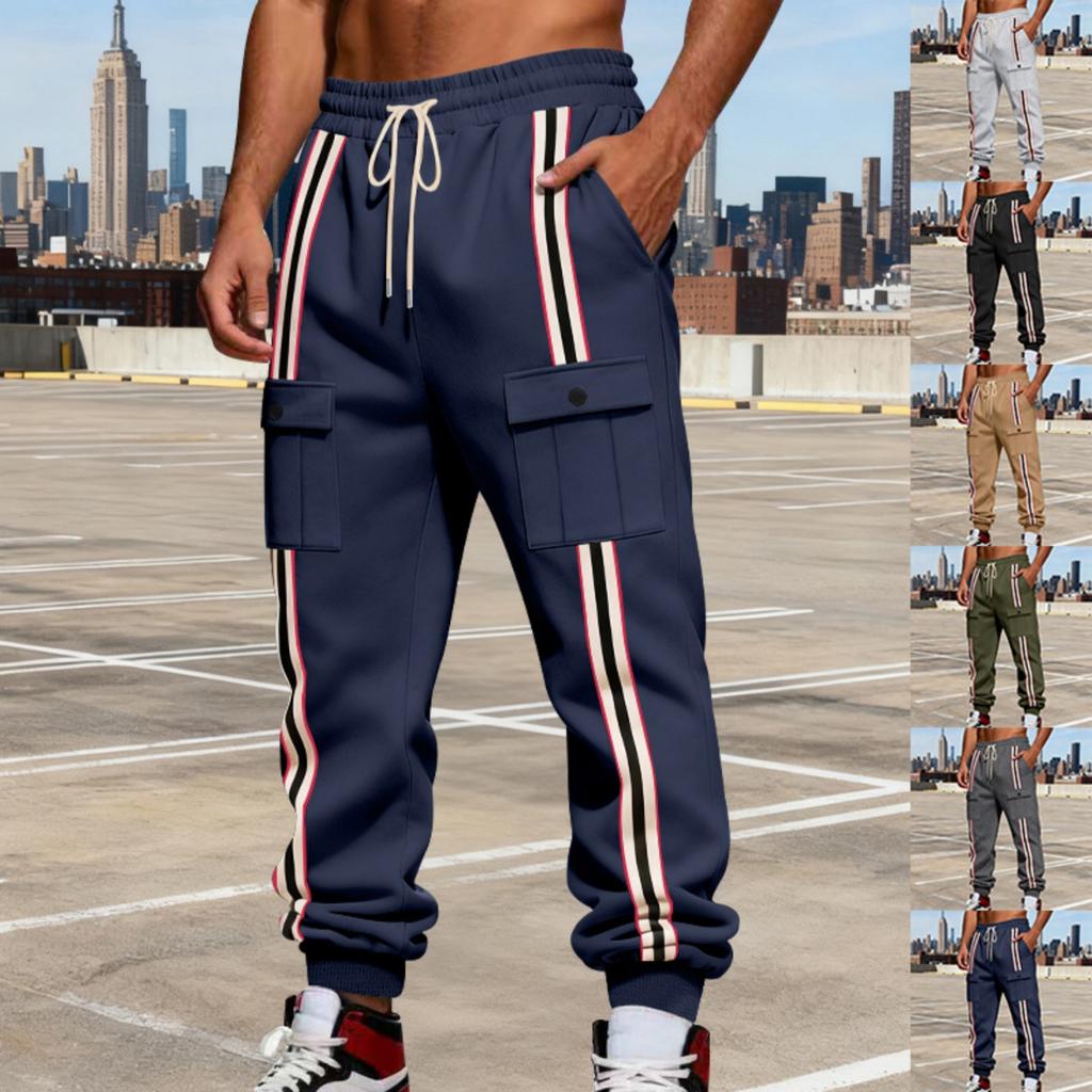 Men's Casual Heavy-duty Fleece American Pants, Men's Striped Color-blocking Retro Strapless Cargo Pants