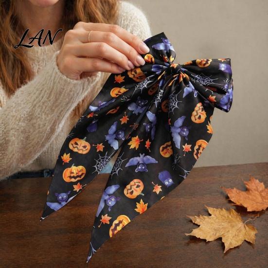 Halloween Hair Accessories Silky Satin Bows for Women, Big Ribbon Bow Clips Girls, Decorative Clip Oversized Long Tail Barrettes, Cute Ghost