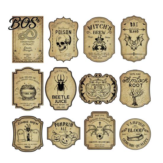 Decorative Labels for Party 12Pcs Halloween Wine Bottle Labels, Vintage Retro Stickers with Witch Skull Nostalgic Paper Wraps Bat Pumpkin Design,