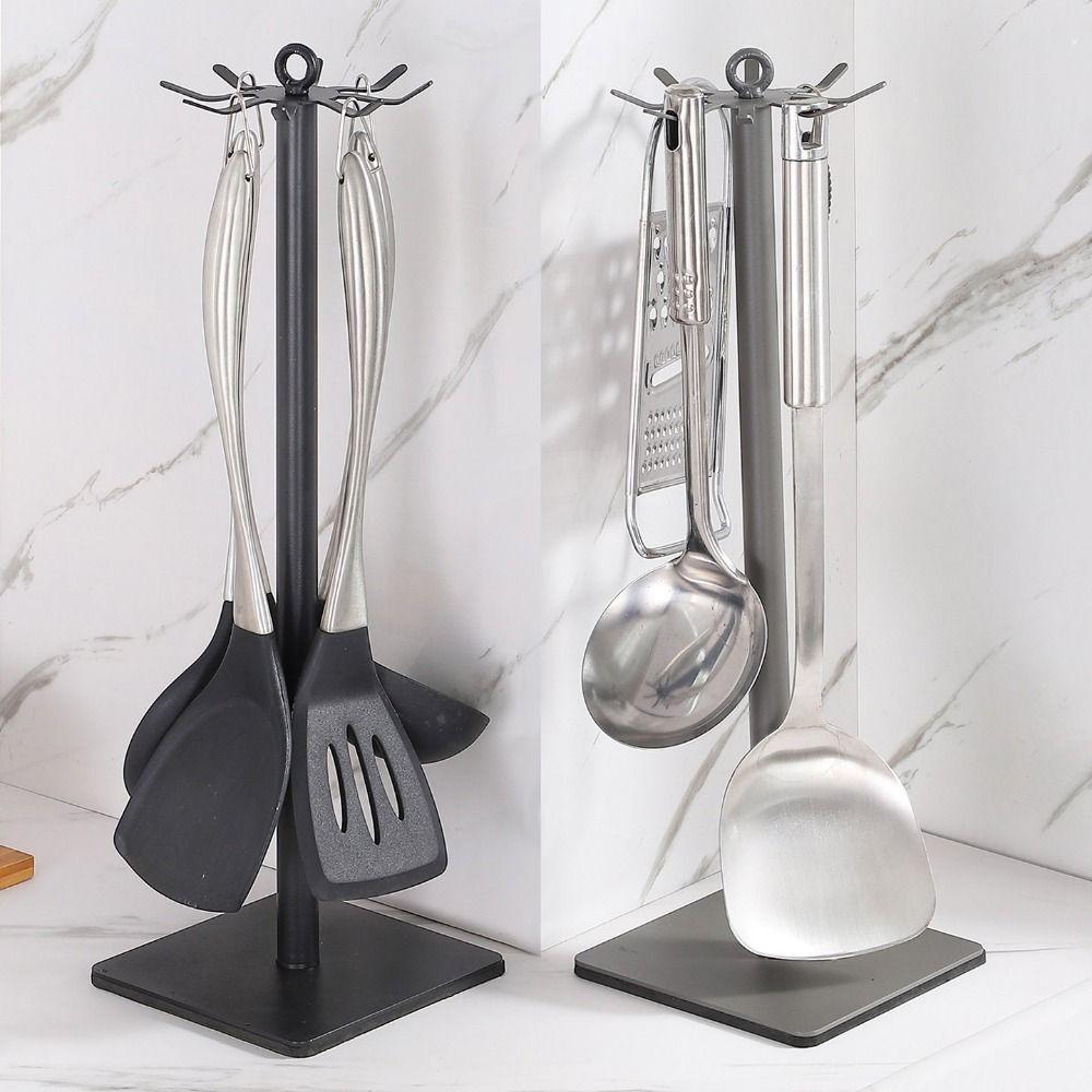 Movable Rotating Spatula Rack 8 Hooks Spoon Hanging Rack Durable Pot Shovel Rack for Kitchen