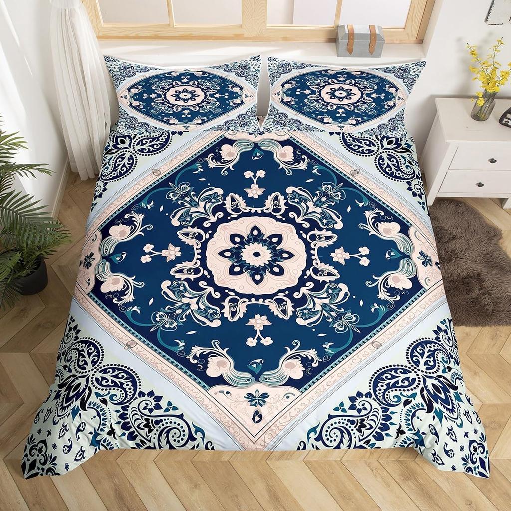 Винтажный цветочный значок Пододеяльник Размер Queen King Комплект постельного белья Мандала Богемный Пейсли Наволочка Легкий Мягкий Комплект из 3 предметов