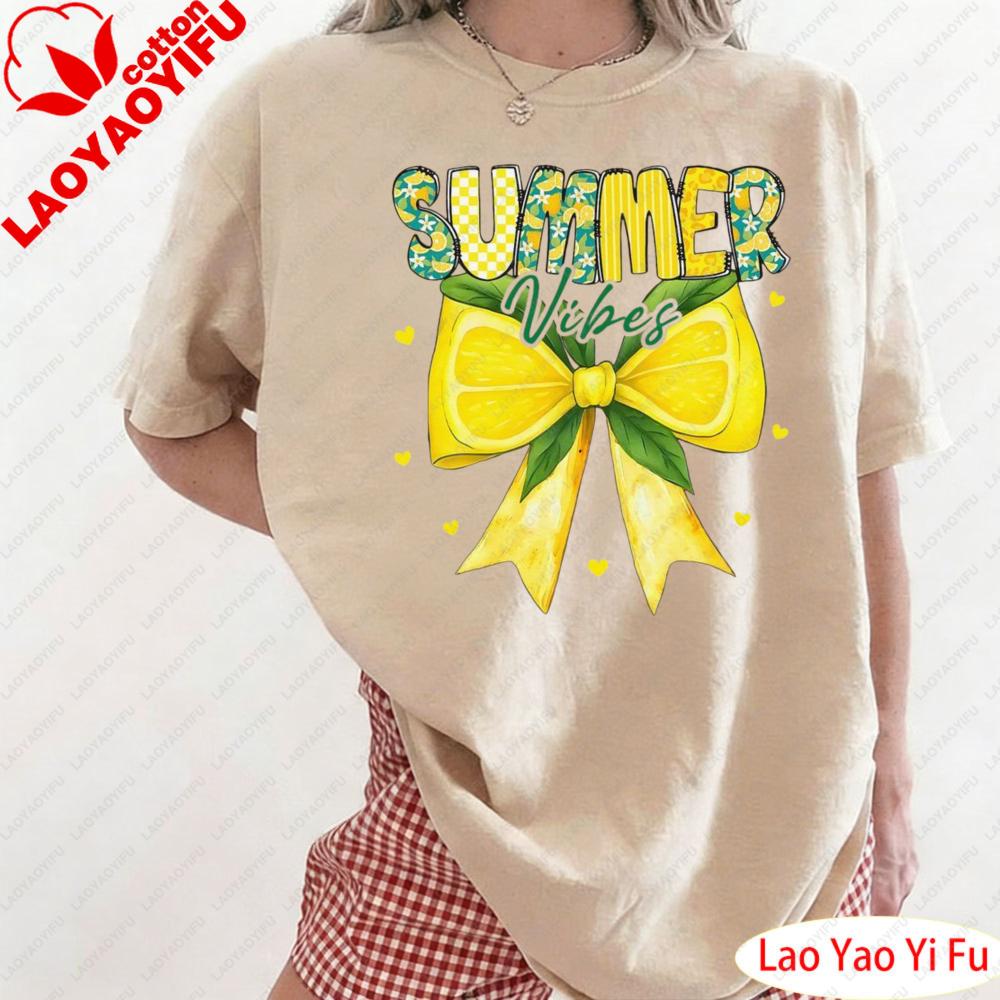 Preppy Summer Vibes Lemon Bow Girly Summer Women TShirt Summer Yellow Lemon Bowknot Pattern Print Clothes Graphic Tees