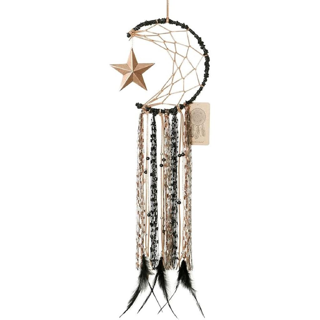 Dremisland Blue Dream Catcher Handmade Half Circle Moon Design Dream Catcher Feather Hanging with Star Home Decoration Ornament Festival Gift (Moon&