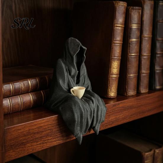 Waterproof Outdoor Garden Decor Hooded Ghost Resin Figurine, Mysterious Faceless Statue with Coffee Cup, Gothic Spooky Window Display Props for Shelf
