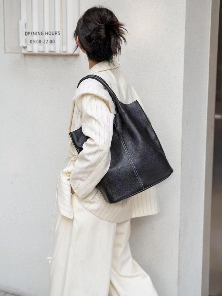 Сумка-ведро из коровьей кожи высшего слоя: Подлинная Сумка из Мягкой Кожи, Большая A4 для Поездок на Работу, Повседневный Универсальный Стиль для Белых Воротничков