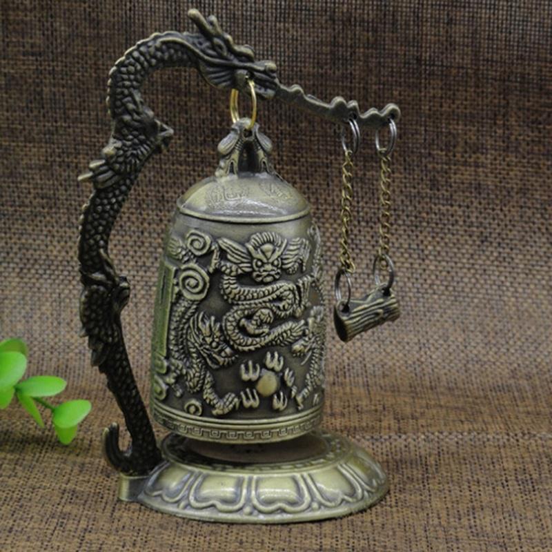 Antique Home Vintage Bronze Lock Dragon Carved Buddhist Bell Chinese Geomantic Artware Decoration