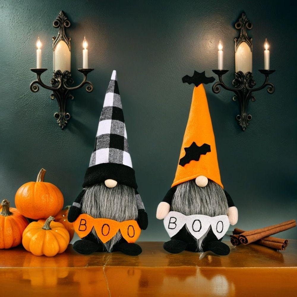 Long Beard Halloween Elf Dwarfs Dolls Bat Orange Hat Halloween Gnomes Decorations  Room Decor