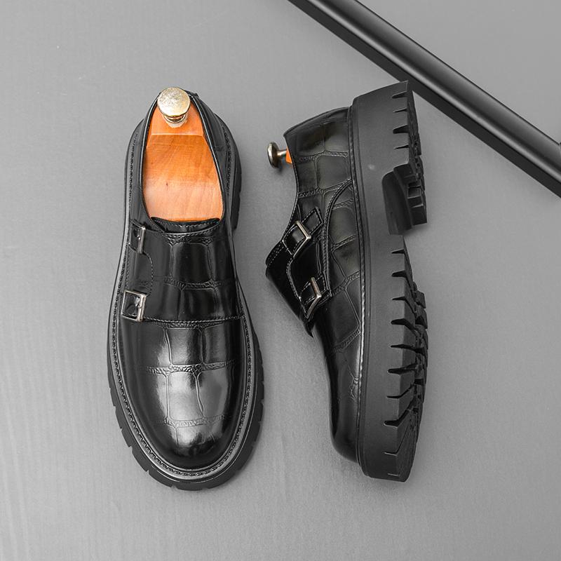 Ретро Мужские Лоферы, Увеличивающие Рост, Черно-коричневые, Повседневные, На Толстой Подошве, Нескользящие, Модные, На Пуговицах, Кожаные Туфли, Социальная Обувь, Мужские