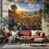 Wildflower Meadow Tapestry Colorful Flower Field Wall Hanging Mountain Sunset Landscape Cottagecore Nature Wall Decor