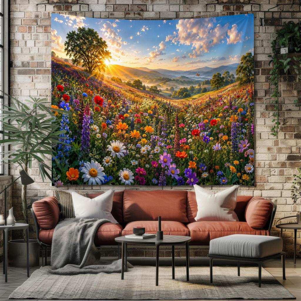 Wildflower Meadow Tapestry Colorful Flower Field Wall Hanging Mountain Sunset Landscape Cottagecore Nature Wall Decor