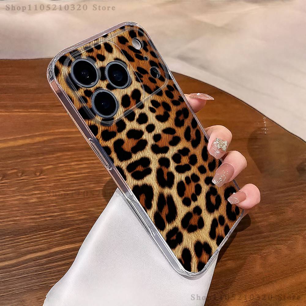 Модный Чехол для Телефона с Принтом Тигра и Леопарда для iPhone17 16 15 14 13 12 11 Pro Max Plus Mini Прозрачный Полностью Защищающий Заднюю Крышку Силиконовый Мягкий Чехол