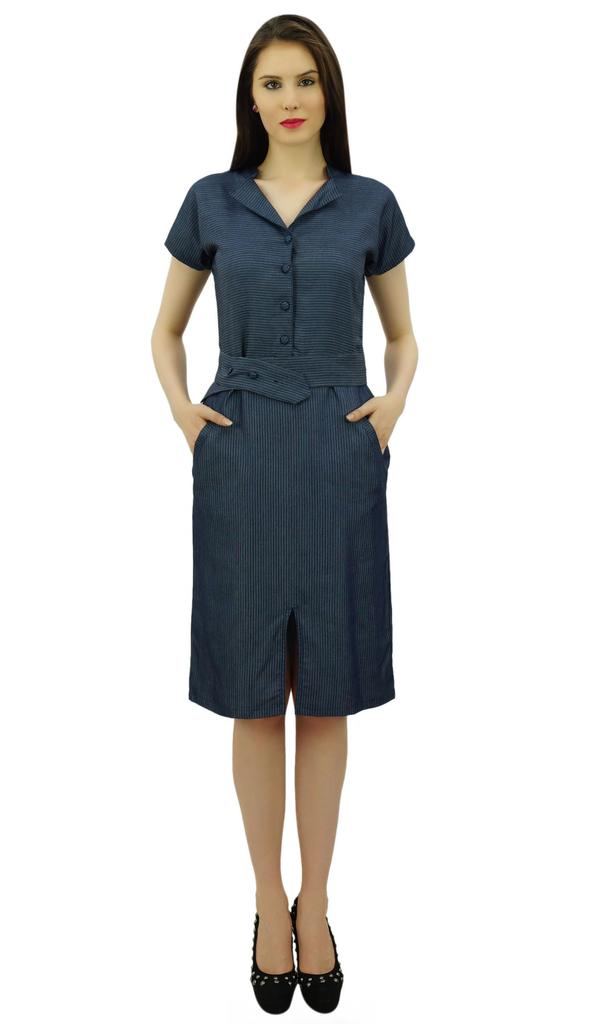 Bimba Женское облегающее платье из шамбре с короткими рукавами и воротником-стойкой с поясом