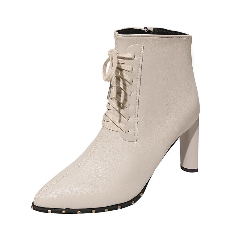 Модные голые ботинки Зимние Новые Остроносые На шнуровке спереди Боковая молния Противоскользящие Износостойкие Высокие каблуки