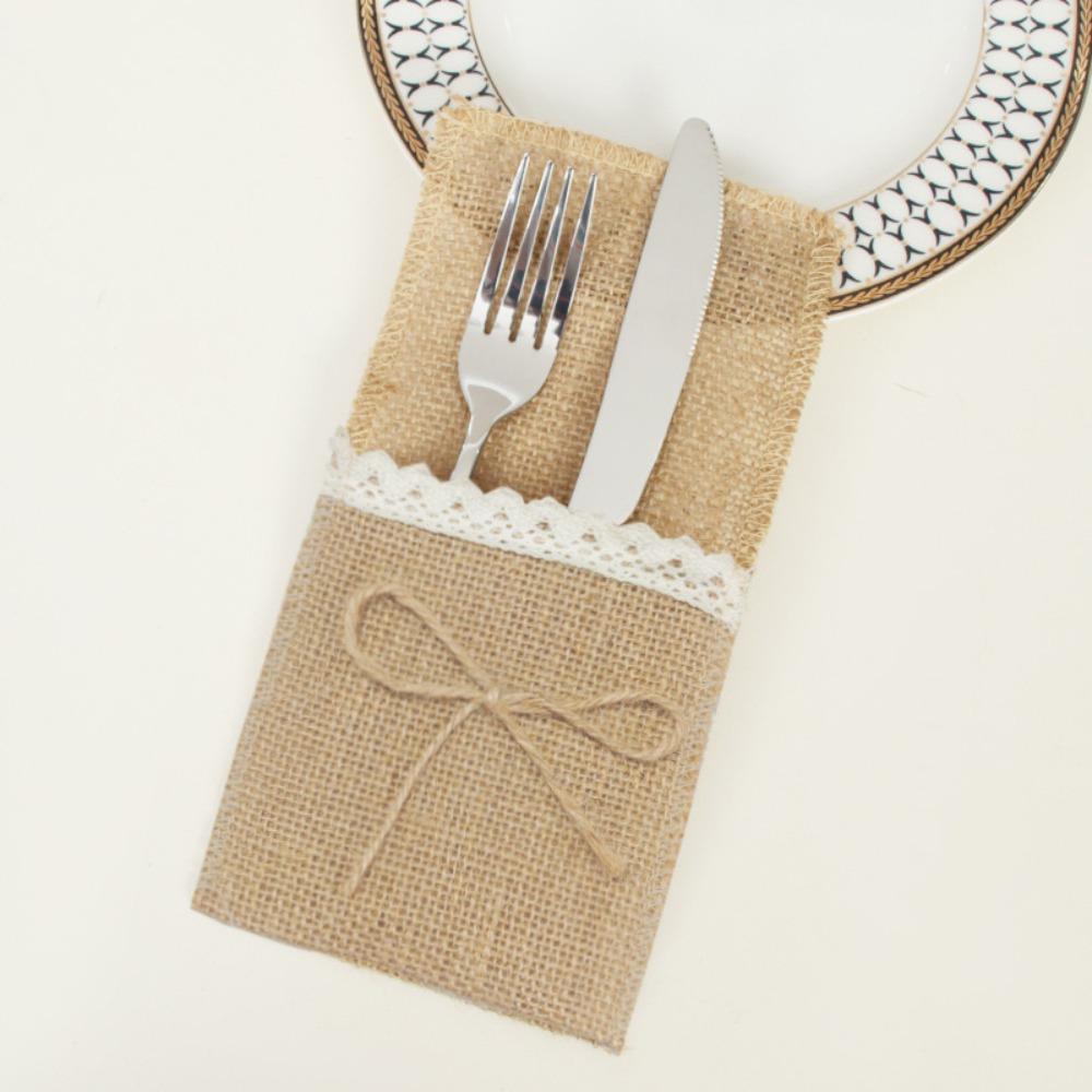 Lace Flowers Burlap Lace Cutlery Pouch Table Decoration Accessories  For Wedding Party Supplies
