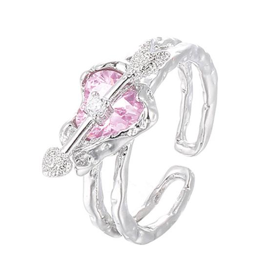 Women Ring Double Layer Adjustable Open Design Eye-catching All-match Jewelry Gift Pink Faux Crystal