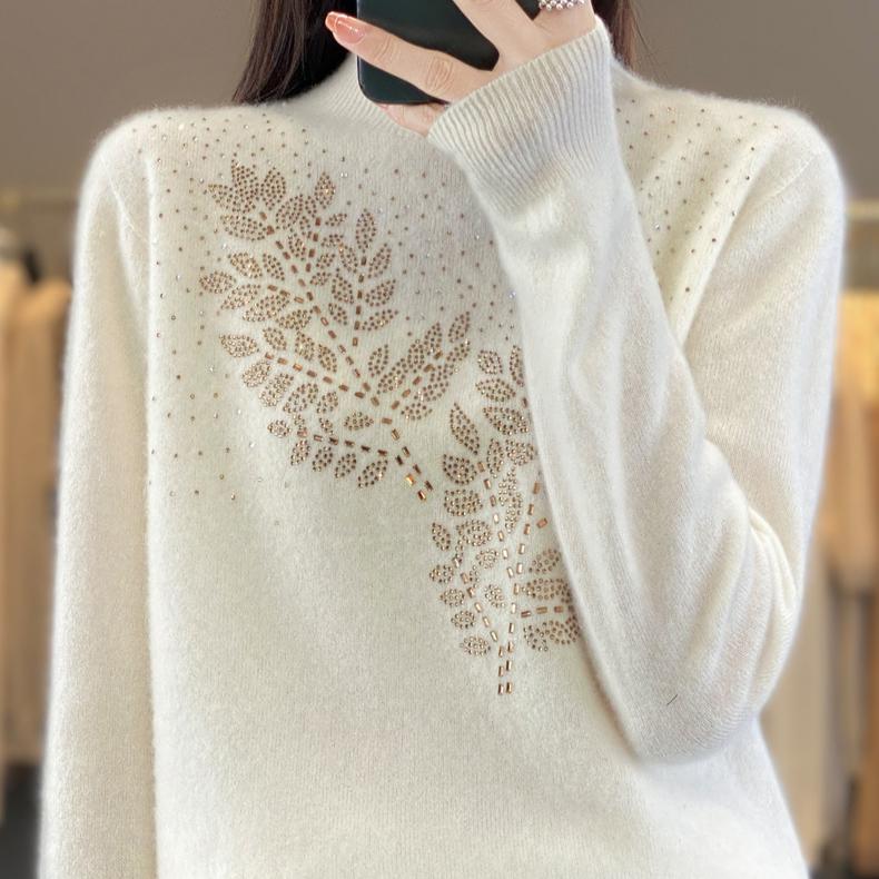 Осень/Зима Женский Полуводолазный Свитер Свободный Пуловер Со Стразами Трикотаж Мягкий Трикотажный Топ