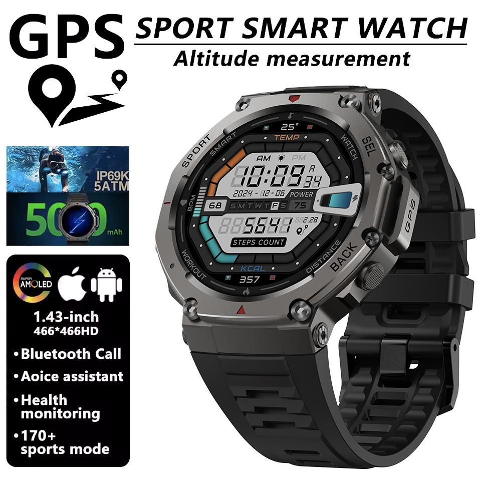 HD Часы Встроенный Двухдиапазонный GPS Умные Часы Мужские Смарт-часы Компас Высотомер Барометрический 5ATM IP69K Водонепроницаемые AMOLED