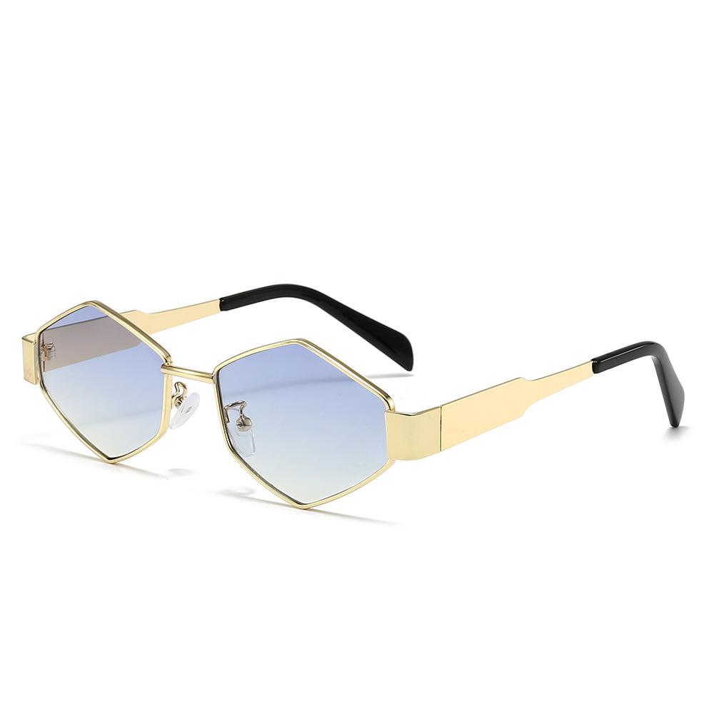 Polygonal rhombus-shaped metal sunglasses for women, featuring wide temples