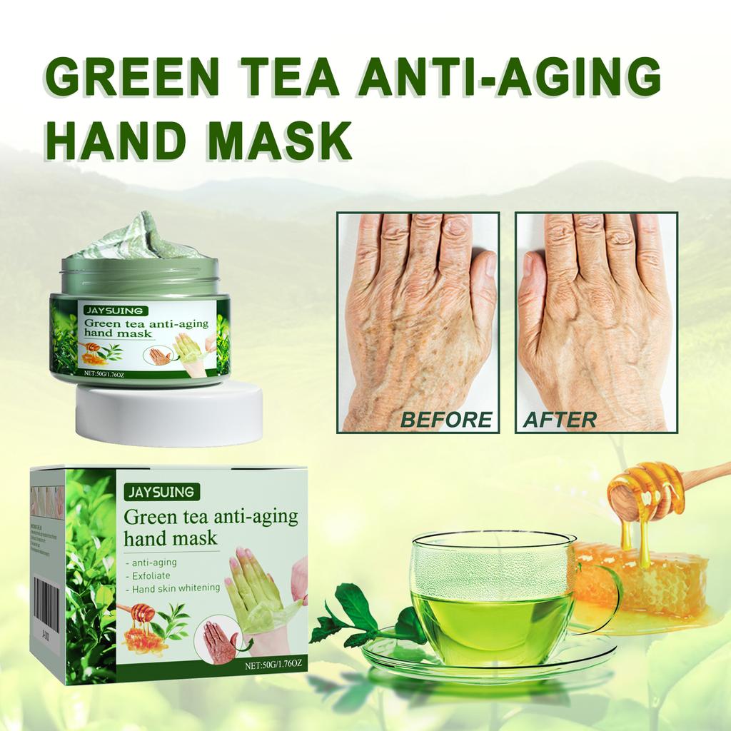 Jaysuing mascarilla de mano de té verde, crema antiarrugas, hidratante, blanqueadora, reparación, película exfoliante de callos