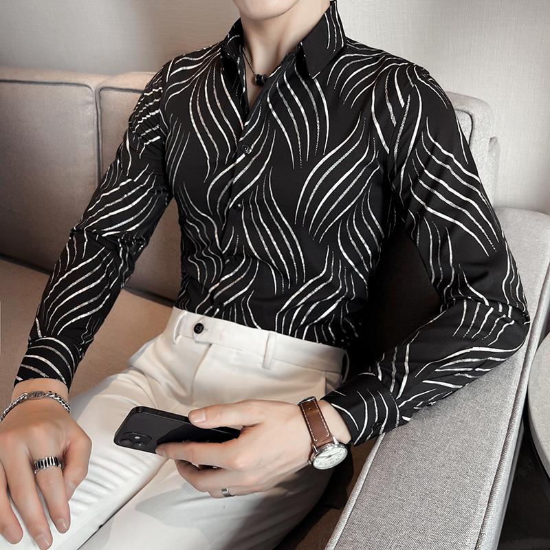 Bronzing Striped Men Shirts Autumn Fashion Long Sleeve Male Dress Shirt Club Party Wear Social Casual Blouse Homme