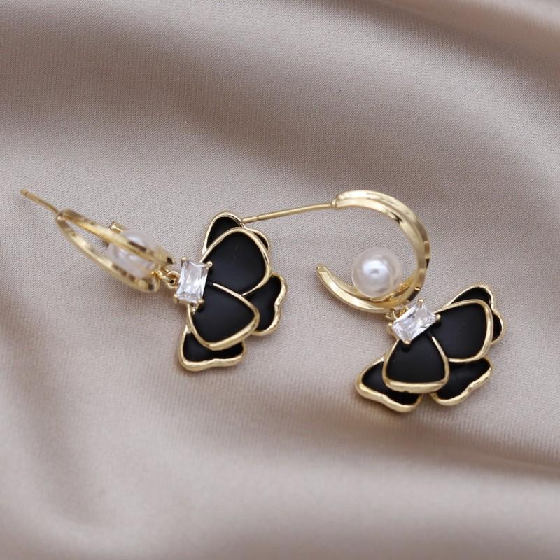 Корейский новый дизайн, модные украшения, жемчуг, циркон, черная камелия, серьги-подвески, элегантные женские повседневные рабочие аксессуары