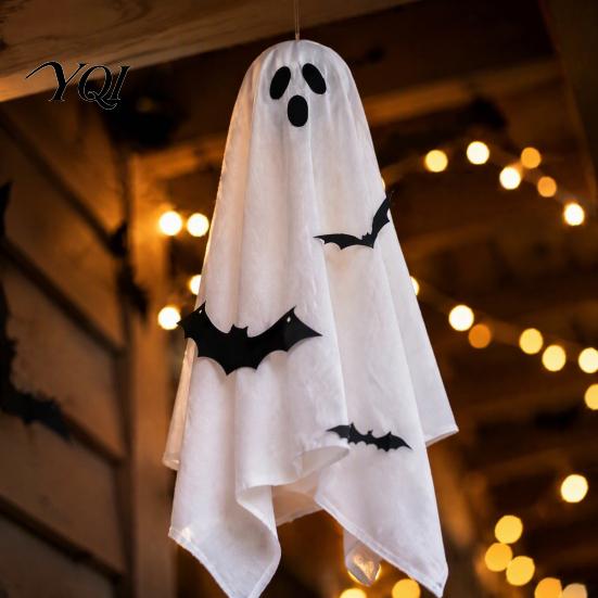 Outdoor Yard Party Props 3Pcs Hanging Ghost Bats LED Light, Halloween Fabric Spooky Bat Silhouette Pendants for Porch Indoor Decor, Festival