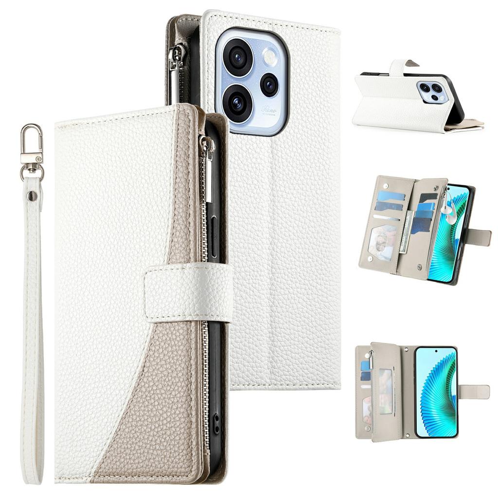 For Oppo Reno15 F 5G Case Zipper Wallet Color Splicing Leather Flip Phone Cover with Straps