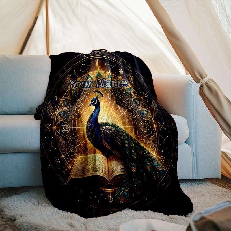 1PC Custom Name "Peacock Magic Circle" flannel blanket versatile,all-season throw suitable for the living room,bedroom,camping,travel,and gift