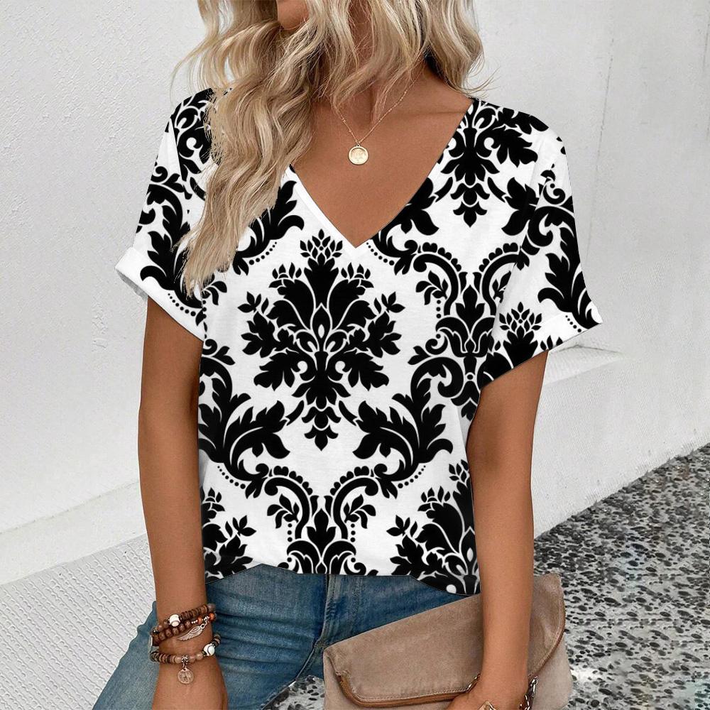 Elegant Women's V-Neck T-Shirt Fashion Floral Pattern Print T-Shirt Popular Women's Short Sleeve T-Shirt Summer Leisure T-Shirt