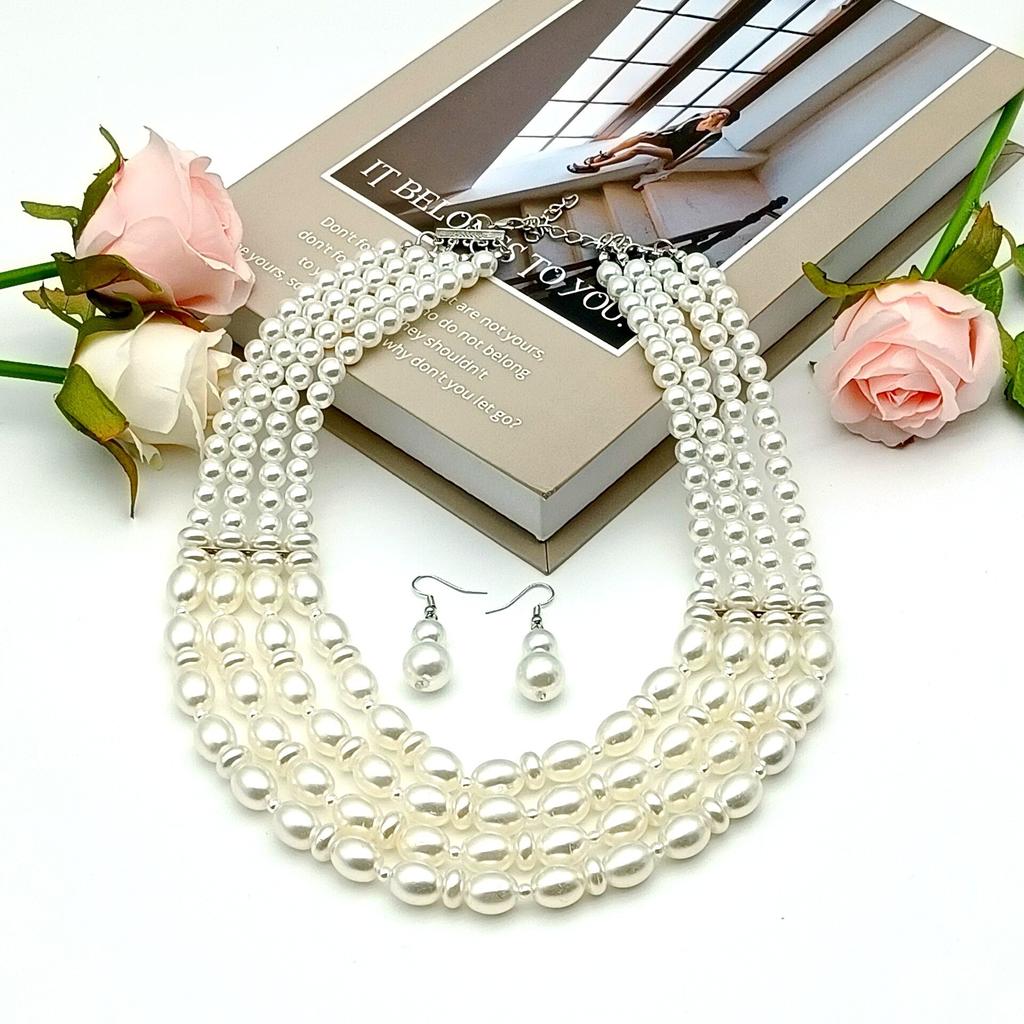 Европа и США горячая распродажа модный простой многослойный жемчужный комплект ожерелья и серег для бала