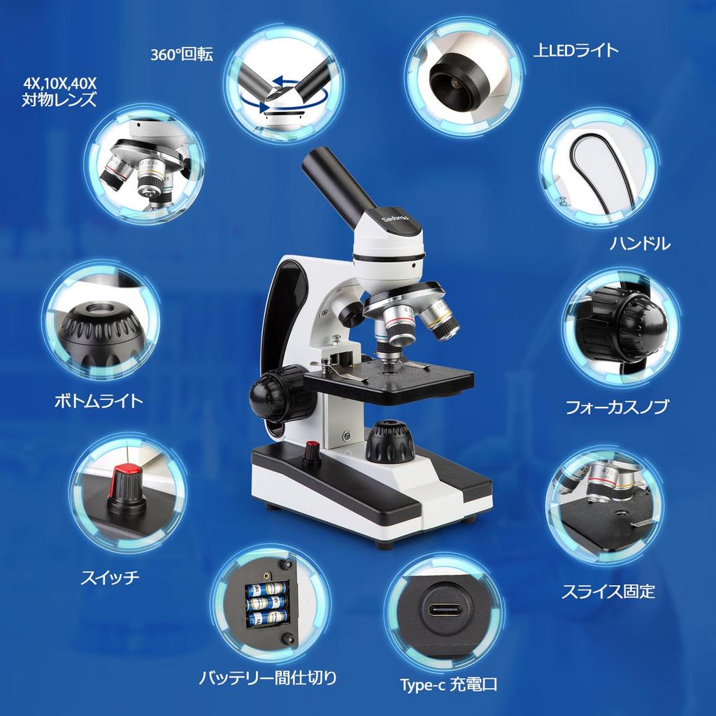 Sedumic Compound Monocular Microscope, 40X-2000X, LED Illumination, Single-Axis CoarseFine Adjustment Handle, Wide Field of View Eyepiece, Japanese
