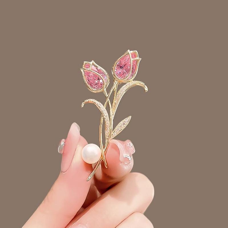Zircon Tulip Flower Pearl Brooches For Women Sweet Floral Lapel Pins Banquet Party Clothes Corsage Jewelry Gift