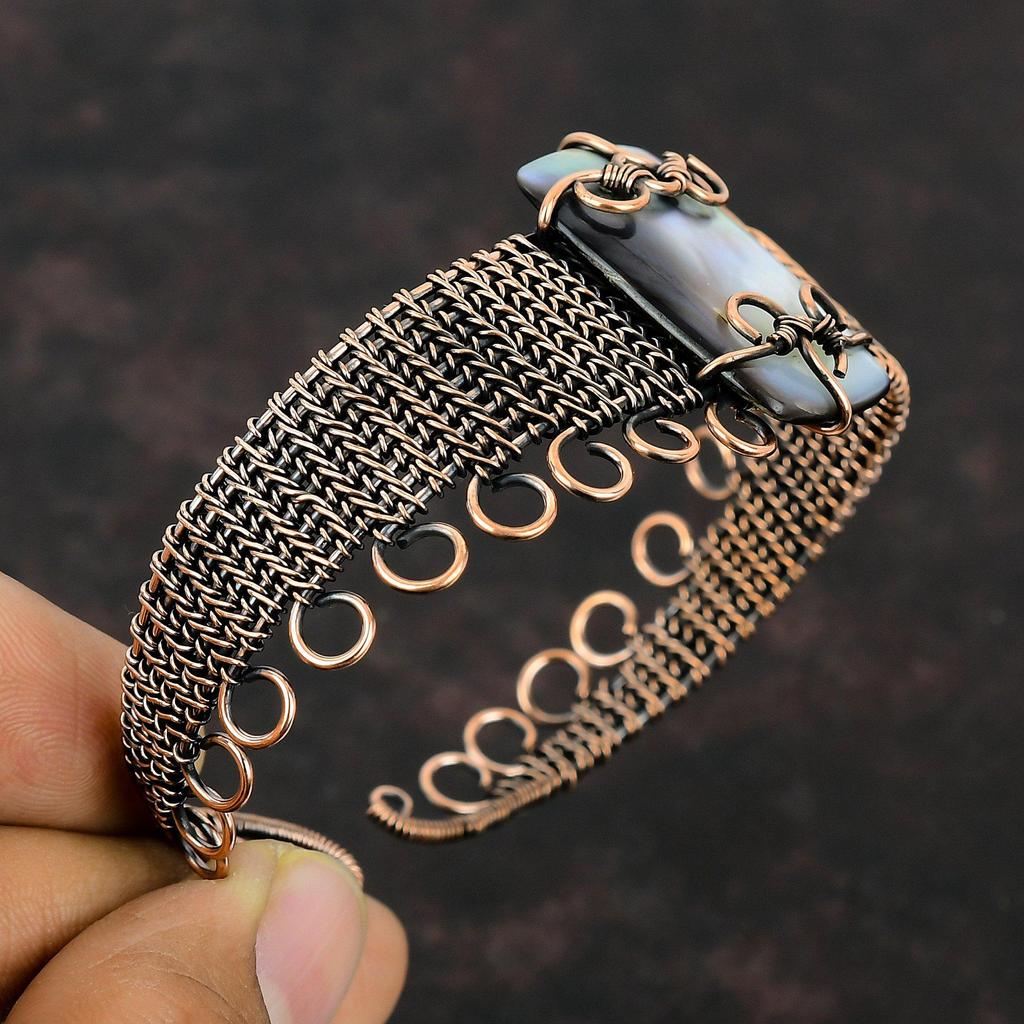 Black Mother Of Pearl Bangle Copper Wire Wrapped Cuff Bracelet Gemstone Adjustable Bangle Handmade Bracelet Gift For Him Copper Wire Jewelry
