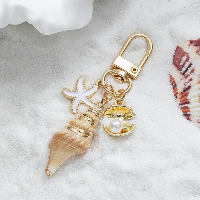1PC Key Ring Bohemia Tassel Pendant Gold Color Starfish Conch Exquisite Pearl Shell Bag Ornaments Keyrings