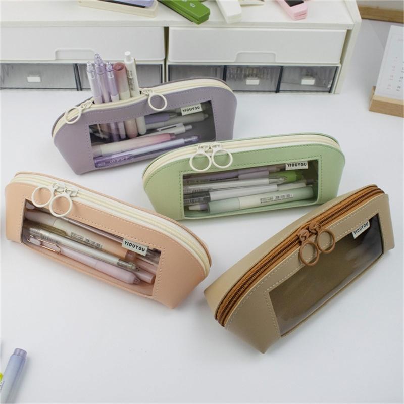 Leather Pencil Case Large Compartment Pencil Bag Water Resistant Clear Pen Pouches Pen Organizers Bag for Student Adult