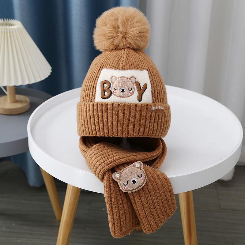 Детский комплект шапка и шарф: Вязаная шерстяная ткань с бархатной подкладкой, удобная для осени и зимы