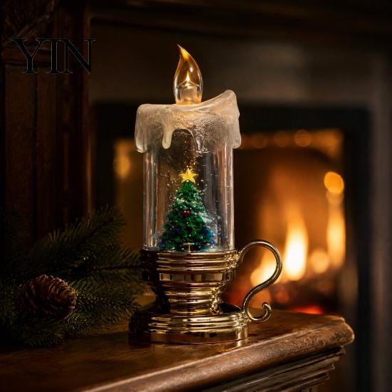 Battery Operated Decorative Light Christmas Night Light, Flameless LED Water Filled Candle Lamp with Cozy Living Room Lighting Falling Snow,