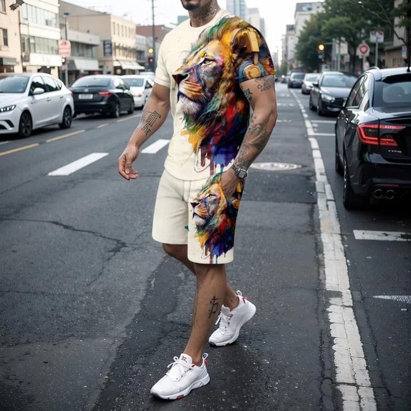 Summer 3d Tiger Lion Print Men's Round Neck Short Sleeved T-Shirt Shorts Set 2-Piece High-Quality Casual Street Sports Set