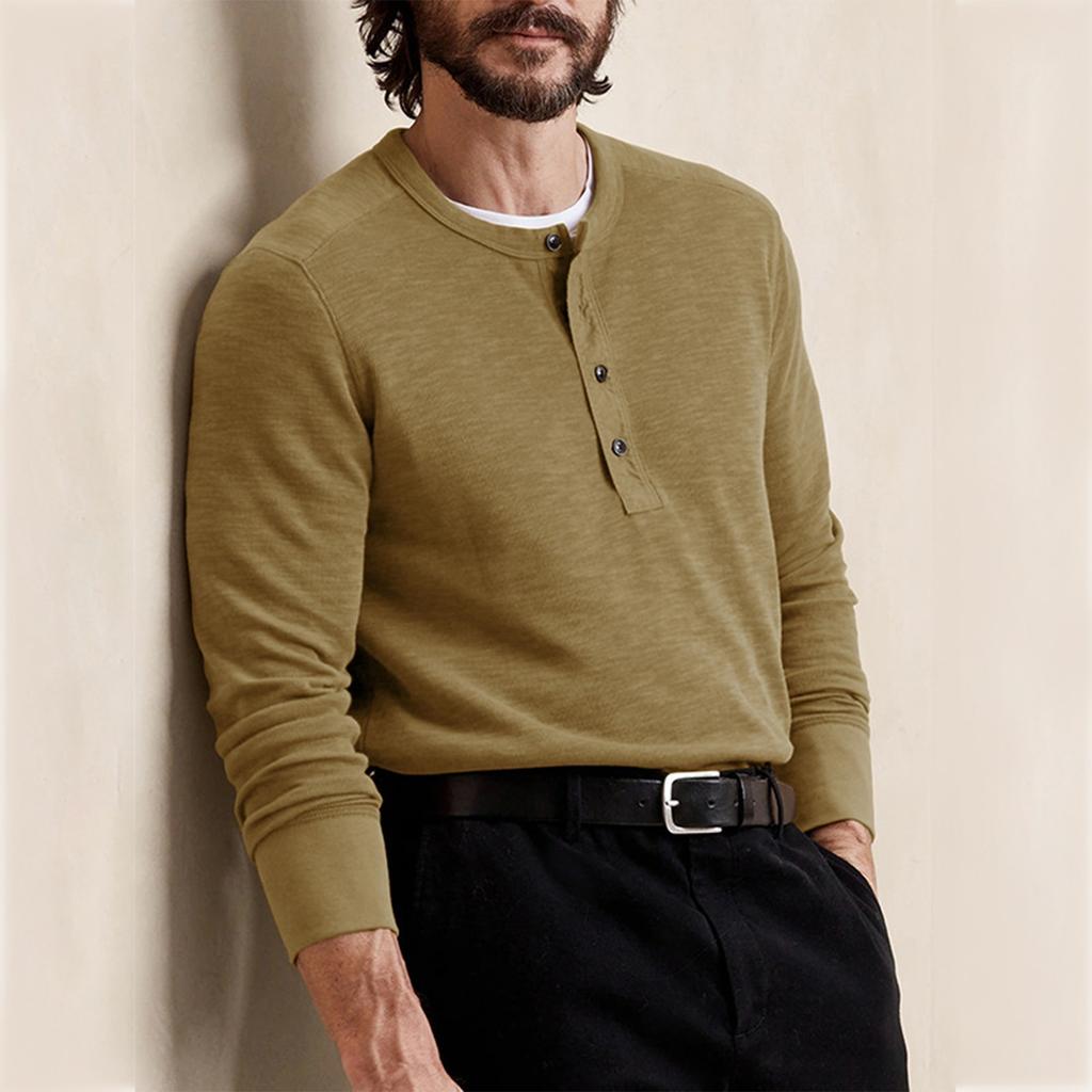 Men's Spring And Autumn Solid Color T-shirt Lapel 3 Button Open Placket Button Long Sleeved Top