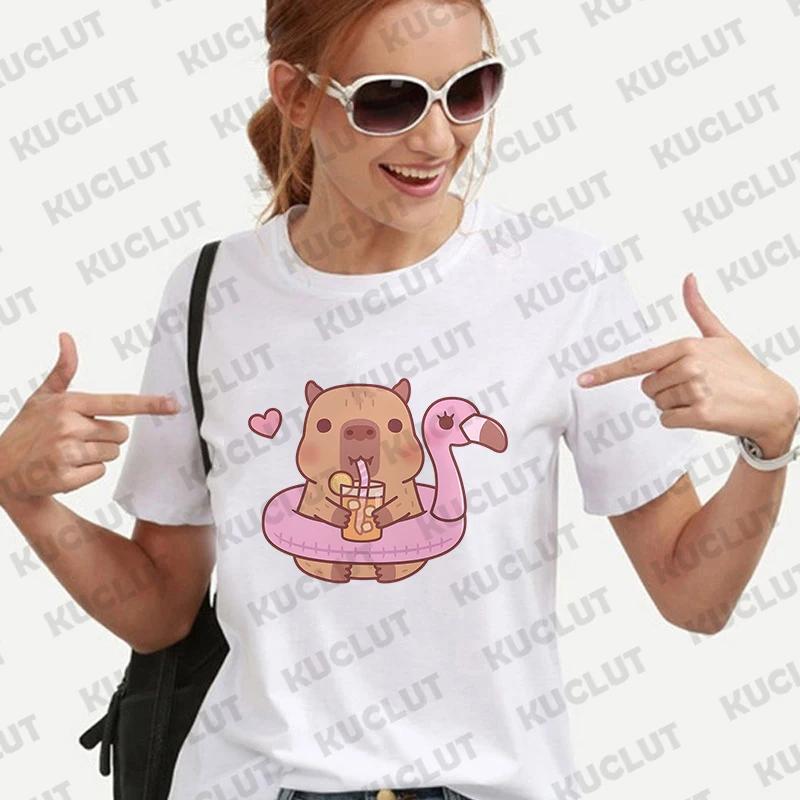 Cute Capybara Anime Women's T-shirt Casual Ulzzang Short Sleeve Tees Cartoon Graphic Y2K Tops Female Blouse Aesthetic Clothing