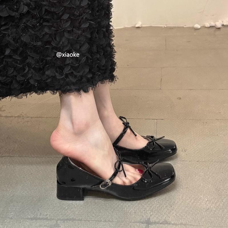 Французский бант светлый рот серебряные туфли-лодочки женские весна и осень новые ретро фея балет толстый каблук Мэри Джейн маленькие кожаные туфли