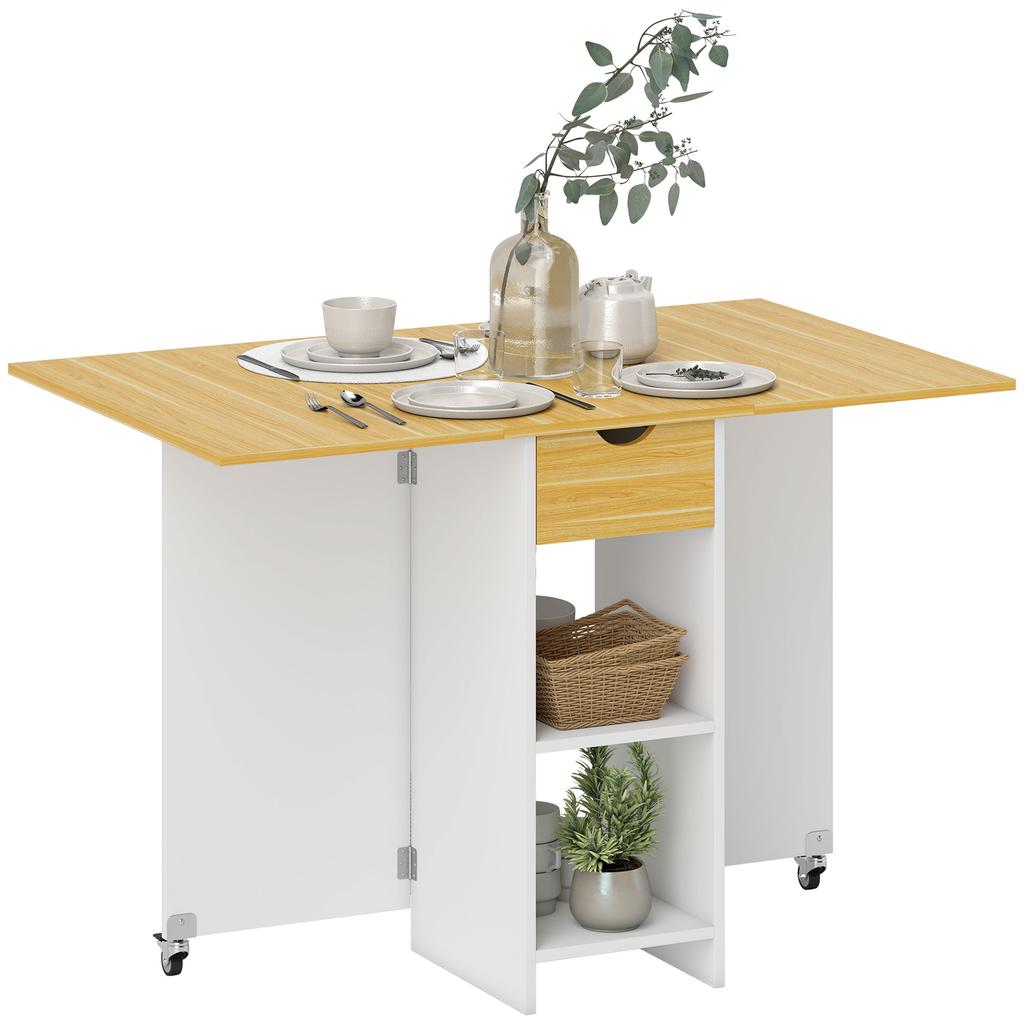 Folding Dining Table for 2-4 People with 2 Drop Leaves, Drawer and Shelves, Oak