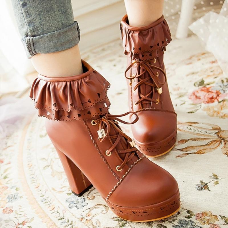 Осенне-зимние женские ботильоны на платформе, белые, черные, розовые, милые короткие ботинки, на шнуровке, туфли в стиле Лолиты для девочек, большой размер 45