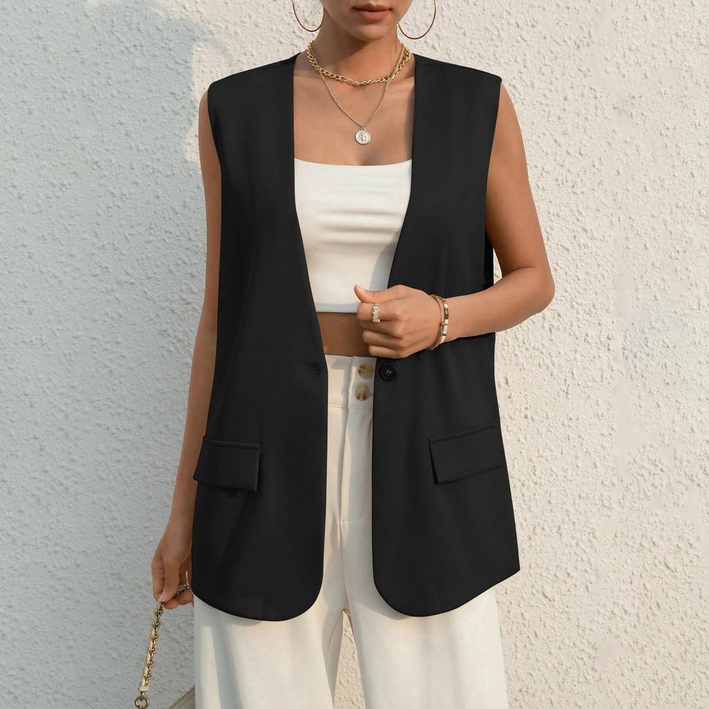 Ladies Summer Suit Jacket Work Casual Sleeveless V-Neck Single Button Solid Color Suit Vest