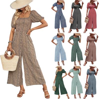 Женский комбинезон с широкими штанинами и квадратным вырезом, с принтом и рукавами-фонариками