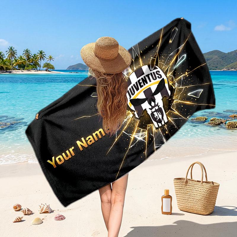 Juventus FC Custom Beach Towel, Personalized Name Text Print, Football Logo Soft Quick‑Dry Towel Holiday Gift