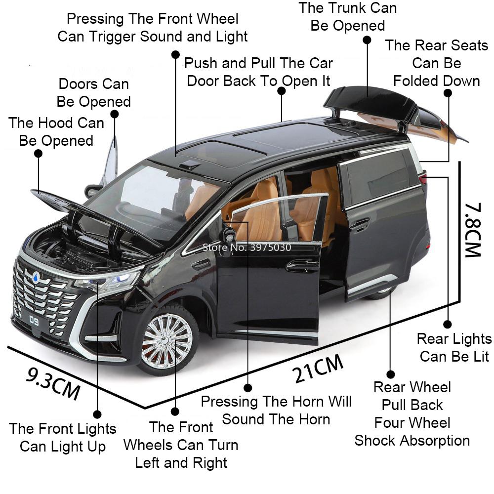 1:24 Scale Denza D9 AITO M9 Alloy Models Toys Diecast Cars 6 Doors Opened Miniature MPV Business Vehicles for Kids Birthday Gift